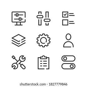 Ajusta los iconos de la línea de configuración. Conceptos de diseño gráfico modernos, símbolos lineales de trazo negro, colección de elementos de contorno simple. Iconos de línea de vector