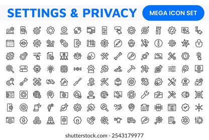 Configuraciones y mantenimiento Icon Set. Iconos elegantes y funcionales para las interfaces de usuario, perfectos para mejorar los App y los Sitios web con una navegación intuitiva para Configuraciones, Actualizar y mantenimiento.