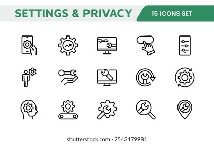 Configuraciones y mantenimiento Icon Set. Iconos elegantes y funcionales para las interfaces de usuario, perfectos para mejorar los App y los Sitios web con una navegación intuitiva para Configuraciones, Actualizar y mantenimiento.