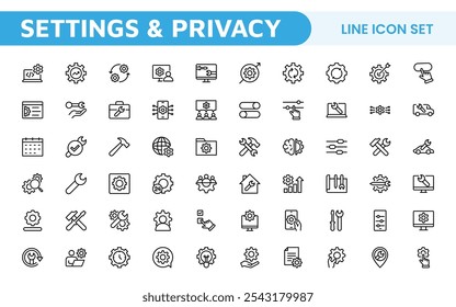 Configuraciones y mantenimiento Icon Set. Iconos elegantes y funcionales para las interfaces de usuario, perfectos para mejorar los App y los Sitios web con una navegación intuitiva para Configuraciones, Actualizar y mantenimiento.
