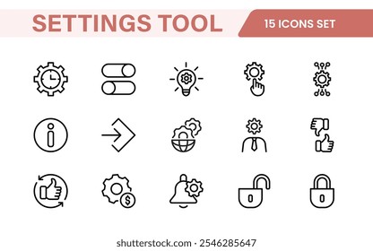 Einstellungen und Wartungs-Symbolsatz. Schlanke und funktionale Symbole für Benutzeroberflächen, perfekt für verbesserte Apps und Websites mit intuitiver Navigation für Einstellungen, Updates und Wartung.