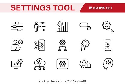 Configurações e Conjunto de Ícones de Manutenção. Ícones elegantes e funcionais para interfaces de usuário, perfeitos para aprimorar aplicativos e sites com navegação intuitiva para configurações, atualizações e manutenção.