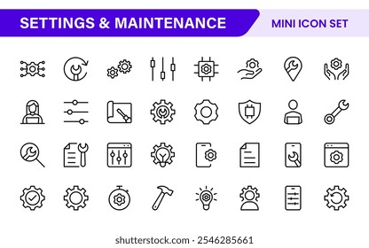 Einstellungen und Wartungs-Symbolsatz. Schlanke und funktionale Symbole für Benutzeroberflächen, perfekt für verbesserte Apps und Websites mit intuitiver Navigation für Einstellungen, Updates und Wartung.