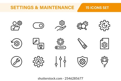 Configurações e Conjunto de Ícones de Manutenção. Ícones elegantes e funcionais para interfaces de usuário, perfeitos para aprimorar aplicativos e sites com navegação intuitiva para configurações, atualizações e manutenção.