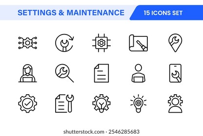 Settings and Maintenance Icon Set. Sleek and functional icons for user interfaces, perfect for enhancing apps and websites with intuitive navigation for settings, updates, and maintenance.