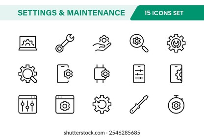 Settings and Maintenance Icon Set. Sleek and functional icons for user interfaces, perfect for enhancing apps and websites with intuitive navigation for settings, updates, and maintenance.
