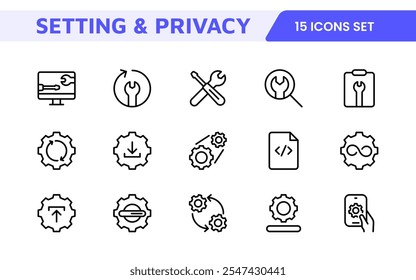 Settings and Maintenance Icon Set. Sleek and functional icons for user interfaces, perfect for enhancing apps and websites with intuitive navigation for settings, updates, and maintenance.