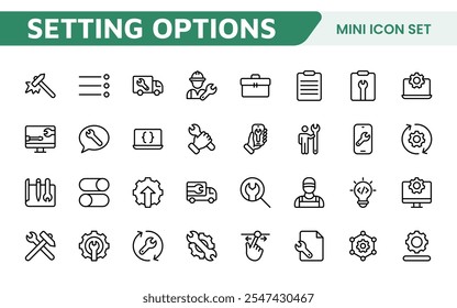 Settings and Maintenance Icon Set. Sleek and functional icons for user interfaces, perfect for enhancing apps and websites with intuitive navigation for settings, updates, and maintenance.