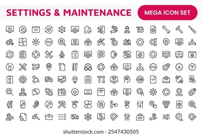Settings and Maintenance Icon Set. Sleek and functional icons for user interfaces, perfect for enhancing apps and websites with intuitive navigation for settings, updates, and maintenance.