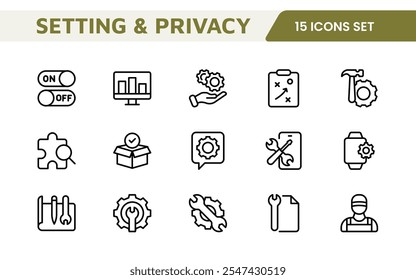 Settings and Maintenance Icon Set. Sleek and functional icons for user interfaces, perfect for enhancing apps and websites with intuitive navigation for settings, updates, and maintenance.