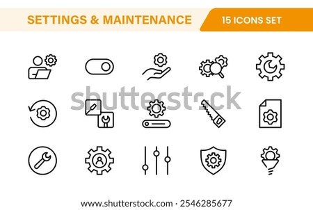 Settings and Maintenance Icon Set. Sleek and functional icons for user interfaces, perfect for enhancing apps and websites with intuitive navigation for settings, updates, and maintenance.