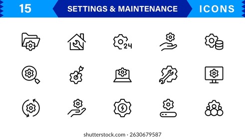 Settings Maintenance Line Icons Set. Configuration, system update, technical support, tools, service editable stroke icon vector collection