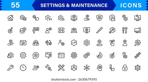 Settings Maintenance Line Icons Set. Configuration, system update, technical support, tools, service editable stroke icon vector collection