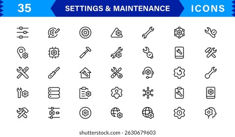 Settings Maintenance Line Icons Set. Configuration, system update, technical support, tools, service editable stroke icon vector collection