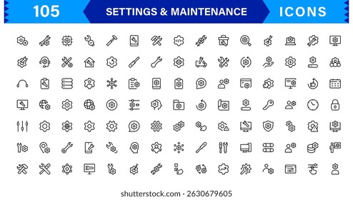 Settings Maintenance Line Icons Set. Configuration, system update, technical support, tools, service editable stroke icon vector collection