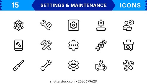 Settings Maintenance Line Icons Set. Configuration, system update, technical support, tools, service editable stroke icon vector collection