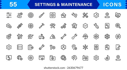 Settings Maintenance Line Icons Set. Configuration, system update, technical support, tools, service editable stroke icon vector collection