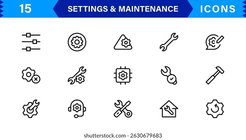 Conjunto de iconos de línea de mantenimiento de Configuraciones. Configuración, Actualizar del sistema, Asistencia técnica, herramientas, colección de Vector de icono de movimiento editable de servicio