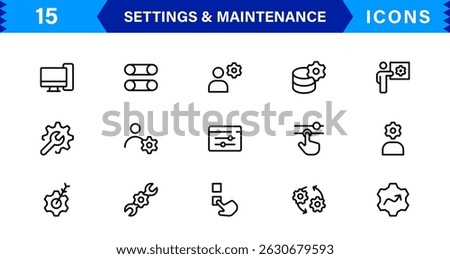 Settings Maintenance Line Icons Set. Configuration, system update, technical support, tools, service editable stroke icon vector collection