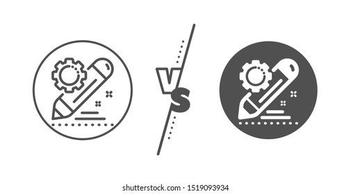 Settings management sign. Versus concept. Project edit line icon. Pencil symbol. Line vs classic project edit icon. Vector