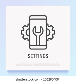 Settings for mobile app thin line icon: wrench and wheels on smartphone screen. Modern vector illustration.