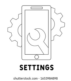 Settings for mobile app thin line icon: wrench and wheels on smartphone screen. Modern vector illustration. phone settings vector icon settings for online settings vector icon for people vector icon