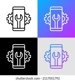 Settings for mobile app thin line icon: wrench and wheels on smartphone screen. Modern vector illustration.