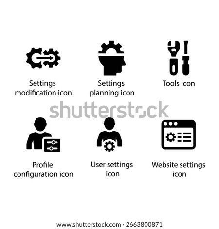 Settings modification, Settings planning, Tools, Profile configuration, User settings, Website settings, icon