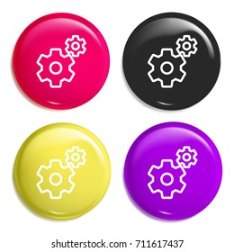 Settings multi color glossy badge icon set. Realistic shiny badge icon or logo mockup