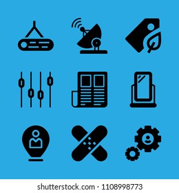 settings, news paper, tag, levels, mirror, patch, location, log and satellite dish vector icon. Simple icons set