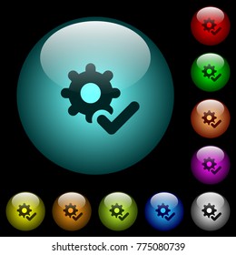 Settings ok icons in color illuminated spherical glass buttons on black background. Can be used to black or dark templates