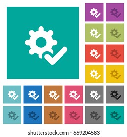 Settings ok multi colored flat icons on plain square backgrounds. Included white and darker icon variations for hover or active effects.