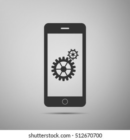Settings on smartphone screen. Gear icon. Adjusting app, set options, repair, fixing phone concepts flat icon on grey background. Vector Illustration