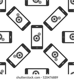 Settings on smartphone screen. Gear icon. Adjusting app, set options, repair, fixing phone concepts icon seamless pattern on white background. Vector Illustration