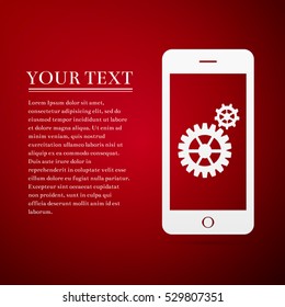 Settings on smartphone screen. Gear icon. Adjusting app, set options, repair, fixing phone concepts flat icon on red background. Vector Illustration