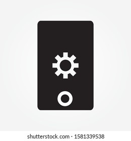 Settings on smartphone screen. Hand holding cellphone, user touching gear icon. Mobile app settings menu, software update, downloading, installing new OS concepts. Flat line design vector illustration