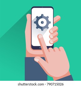 Settings on smartphone screen. Hand holding cellphone, user touching gear icon. Mobile app settings menu, software update, downloading, installing new OS concepts. Flat line design vector illustration