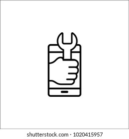 Settings on smartphone screen. User touch wrench and gear logo. Adjusting app, set options, repair, fixing phone concepts. Flat design vector illustration