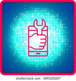 Settings on smartphone screen. User touch wrench and gear logo. Adjusting app, set options, repair, fixing phone concepts. Flat design vector illustration