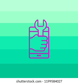 Settings on smartphone screen. User touch wrench and gear logo. Adjusting app, set options, repair, fixing phone concepts. Flat design vector illustration