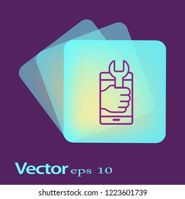 Preferencias en la pantalla del smartphone. Llave táctil de usuario y logotipo de engranajes. Ajustando la aplicación, configurando opciones, reparando conceptos de teléfono. Ilustración vectorial de diseño plano