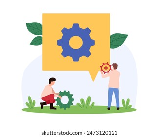 Settings optimization, process or product improvement. Tiny people of technical maintenance service repair metal gears of engine, change or fine tune for easy ride cartoon vector illustration