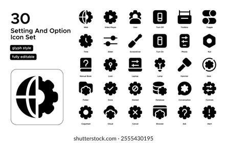 Settings and Options Glyph Icon Set: Control Panels, Configurations, and System Options Icons