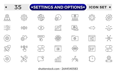 Settings and Options icon vector set. Containing software update, configuration, customization, options, maintenance, progress bar, upgrade, settings, installation, process, service.
