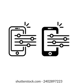Configuración y opciones de la línea de teléfono móvil y conjunto de iconos de silueta. Fix, Mantenimiento, Colección de símbolos del servicio de reparación de Smartphone. Panel de control y configuración de dispositivo electrónico. Ilustración vectorial.