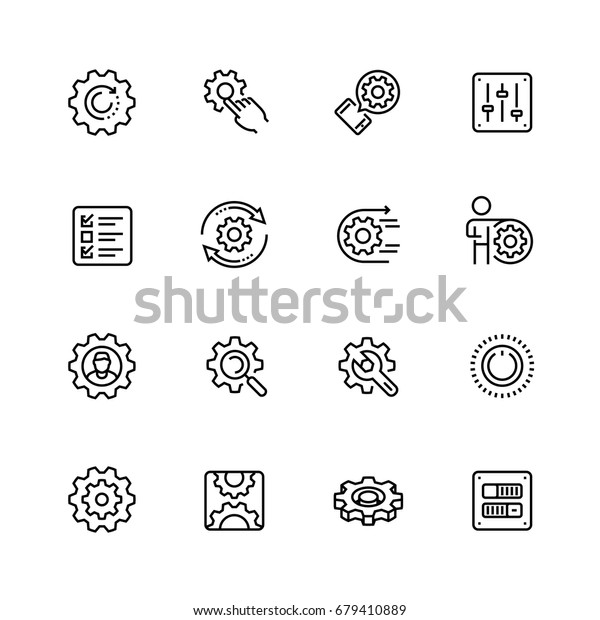 Settings or options related vector icon set in\
thin line style with editable\
stroke