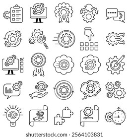 Settings or options related to vector icons set in thin line style with editable strokes stock illustration