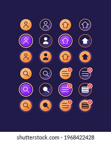 Settings options for user account UI elements kit. Homepage buttons isolated vector icon, bar and dashboard template. Web design widget collection for mobile application with dark theme interface