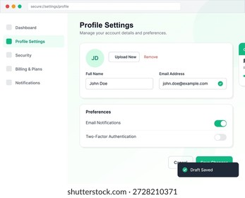 Auf der Seite Einstellungen werden Felder zur Eingabe des vollständigen Namens und der E-Mail-Adresse angezeigt. Optionen für E-Mail-Benachrichtigungen und Zwei-Faktor-Authentifizierung sind vorhanden. Ein Entwurf wurde gespeichert.