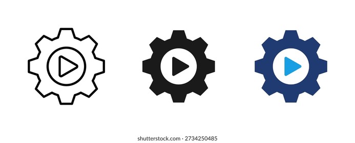 Einstellungen und Spielsymbol mit Zahnrad und Spielknopfsymbol. Mediensteuerungskonzept für Video-Player, Multimedia-Schnittstelle, App-Einstellungen, Systemkonfiguration und digitale Software-UI-Elemente.